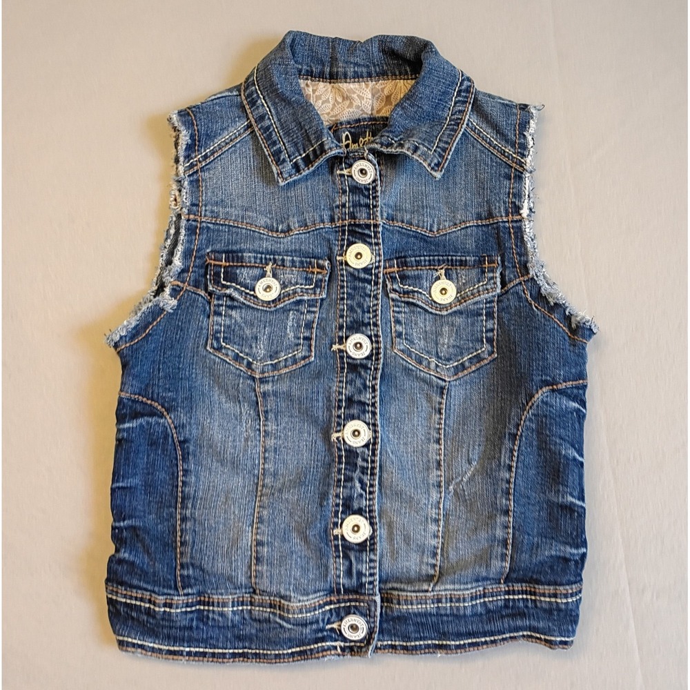 AMETHYST‎ Button Down Sleeveless Blue Denim Distressed Jean Vest Girl's Size S